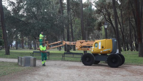 Trabajadores en el parque del Temple de Ponferrada, donde se están arreglando caminos y talando árboles en riesgo