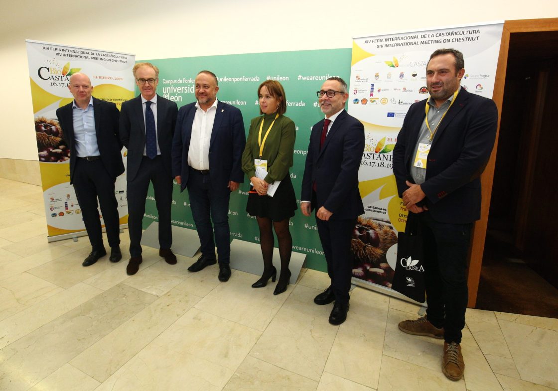 El director de la Escuela de Ingeniería Agraria y Forestal de la Universidad de León, Luis Herráez, el presidente de la Diputación Provincial de León, Gerardo Álvarez Courel, la jefa del Servicio Territorial de Medio Ambiente, Isabel García Álvarez, y el director de la Mesa del Castaño de El Bierzo, Pablo Linares, durante la inauguración de las Jornadas Internacionales Científico-Técnicas de Biocastanea 2023. / César Sánchez