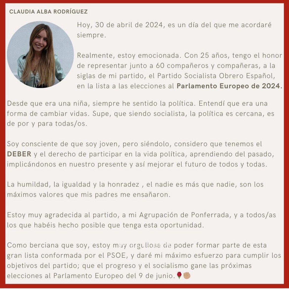 Carta de Claudia Alba Rodríguez en sus redes sociales