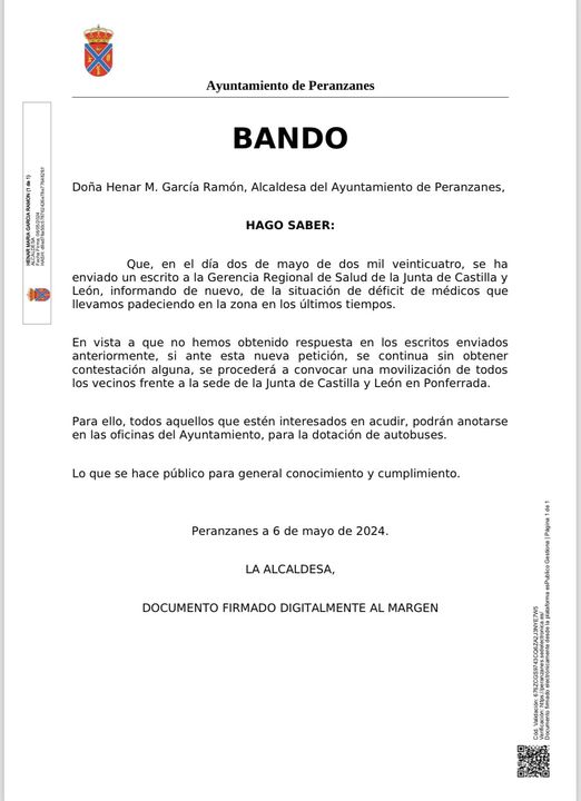 Bando de la alcaldesa de Peranzanes sobre la carencia de médicos en el municipio