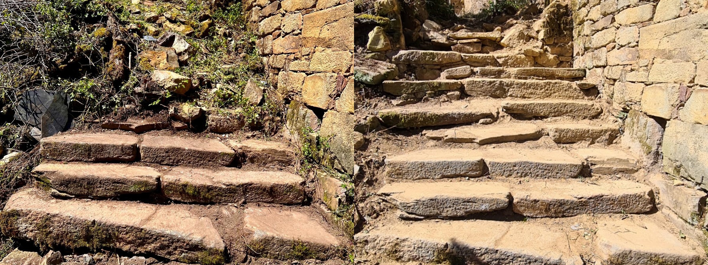 Escalera de acceso a la iglesia de Santibáñez de Montes, antes y después de la limpieza