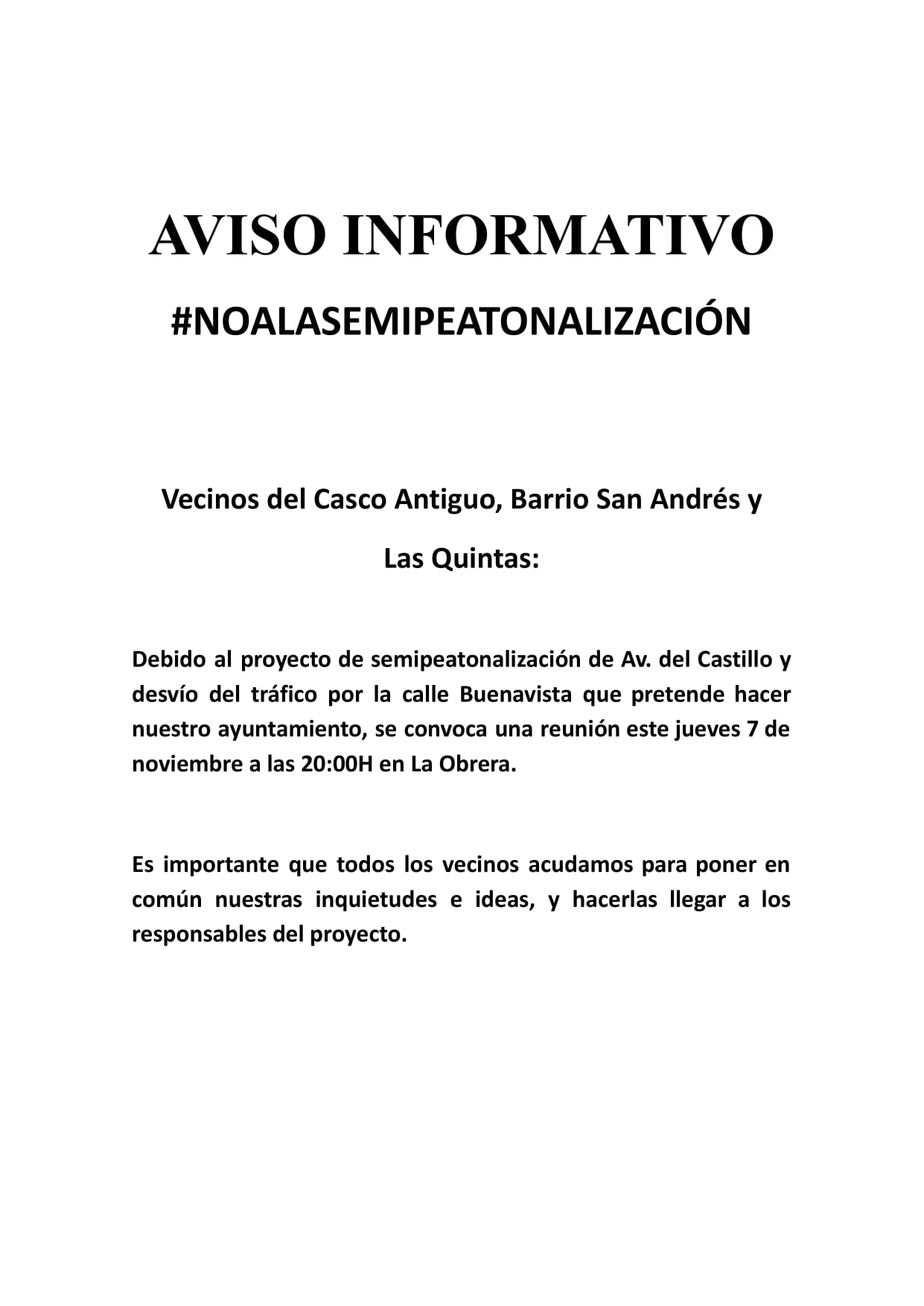 Encuentro vecinal este jueves para abordar la semipeatonalización de la avenida del Castillo