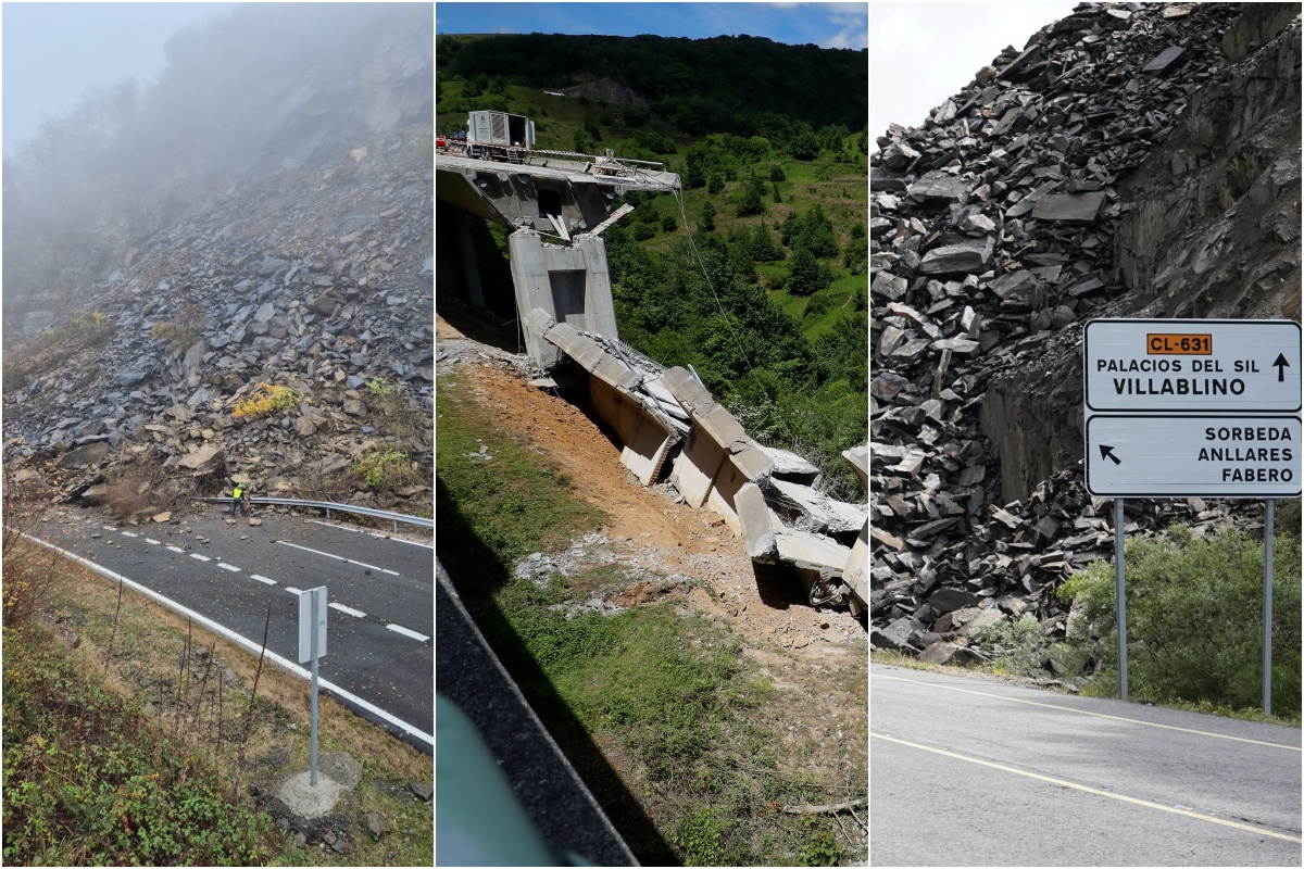 Imágenes de los derrumbamientos en la AP-66 y la CL-631 y de la caída del viaducto del Castro en la A-6